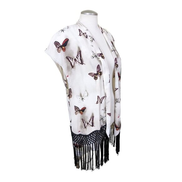 Womens Size 14 Longline Open Vest Fringed Butterfly Print Festival Artsy Boho - Picture 2 of 8